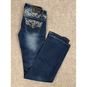 Soundgirl Womens Dark Wash Embroidered Sequin Flare Jeans Low Rise Sz 3